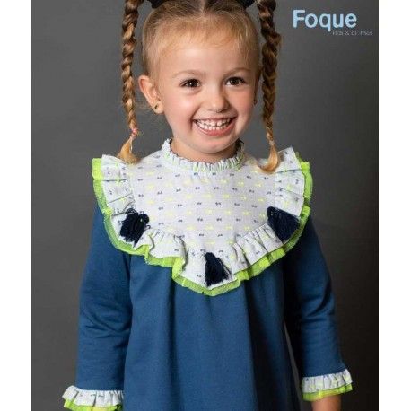 Foque Winter Girl Dress Blue and Gray with Plumetis