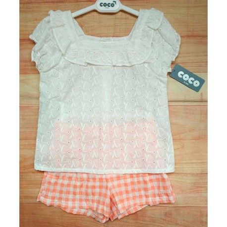 Coco Acqua Verano Conjunto niña Blanco y Cuadros Mandarina