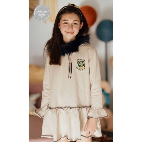 Mon Petit Bonbon Winter Girl Beige Dress with Patch