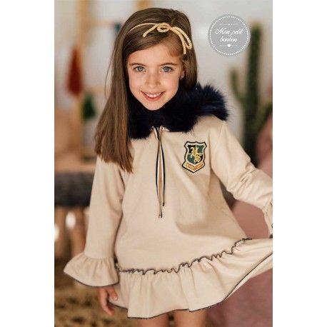 Mon Petit Bonbon Winter Baby Girl Beige Dress with Patch