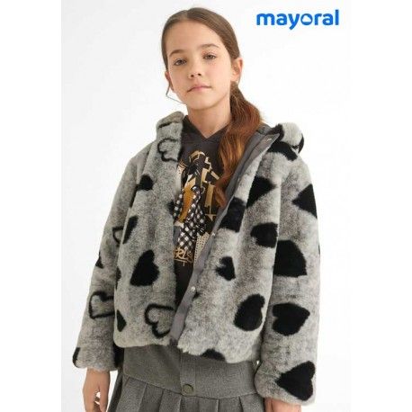 Mayoral Winter Girl Gray Furry Coat Hearts