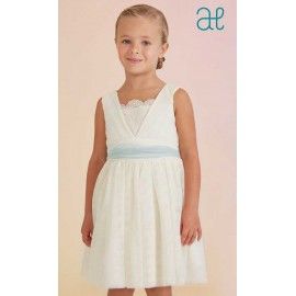 Abel & Lula Verano Vestido niña Tul Cuerpo Plisado Crudo Anís