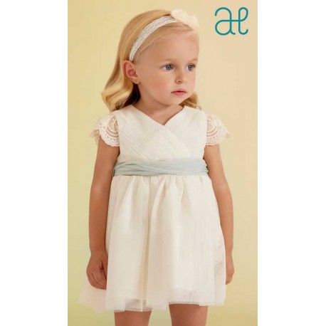 Abel & Lula Summer Baby Girl Pleated Tulle Dress Beige and Anise