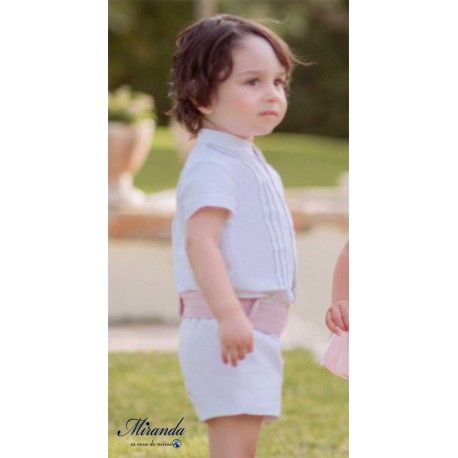 Miranda Verano Conjunto bebé niño Blanco Fajín Rosa