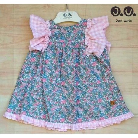 Jose Varon Summer Baby Girl Dress Pink Squares and Flowers