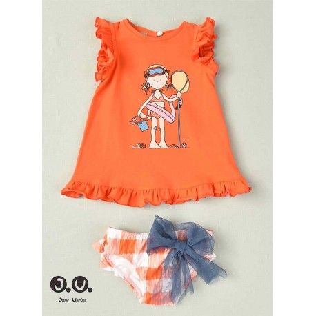 José Varón Verano Conjunto niña Baño Cuadros Naranjas