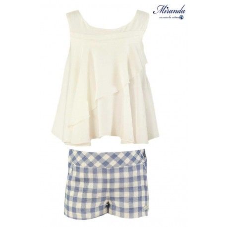 Miranda Verano Conjunto niña Blanco y Cuadros Azules