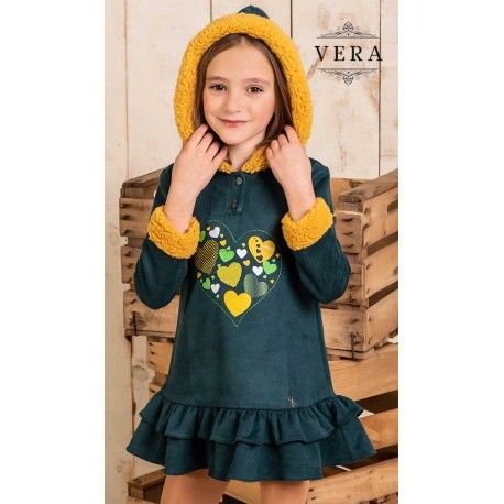Vera Winter Girl Dark Green Dress Hearts with Hood