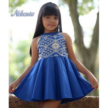 Nekenia Verano Vestido niña Azulón Pecho Bordado