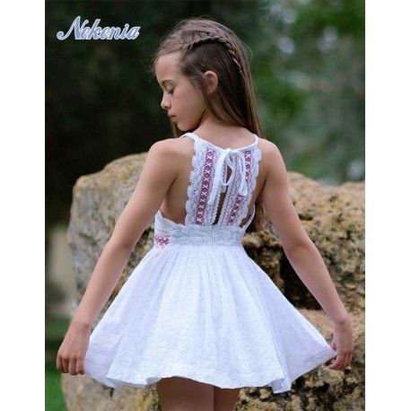 Nekenia Summer Girl White Embroidered Dress Pink