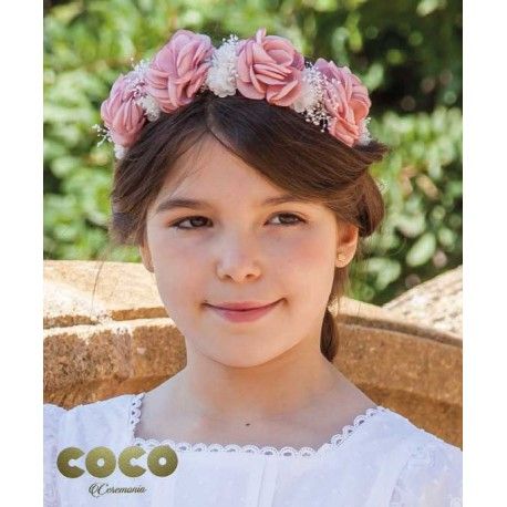 Coco Ceremonia Verano Corona niña Mikonos Flores Rosas
