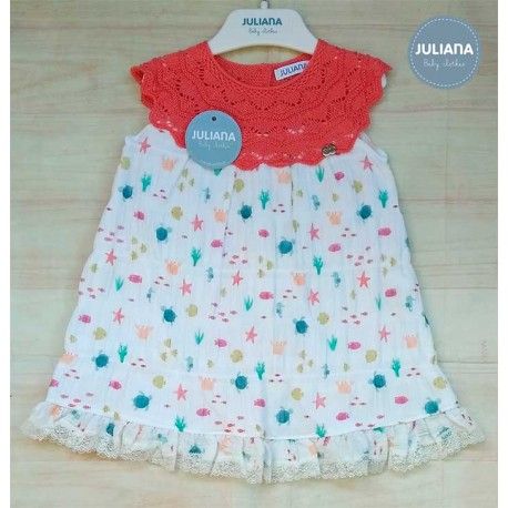 Juliana Summer Baby Girl Dress Starfishes Coral Yoke
