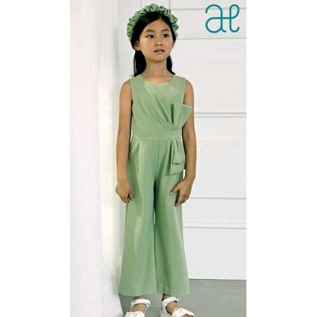 Abel & Lula Summer Girl Green Long Romper Crepe with Tie