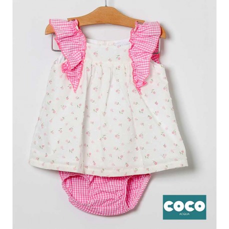 Coco Acqua Verano Vestido bebé niña Blanco y Vichy Fucsia