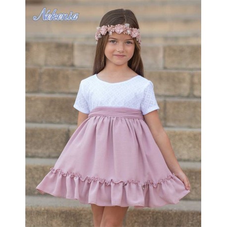 Nekenia Verano Vestido niña Ceremonia Lino Blanco y Rosa