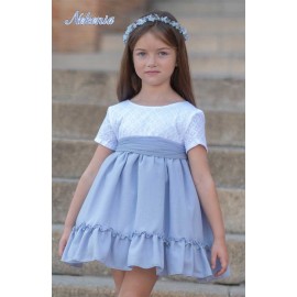Nekenia Verano Vestido niña Ceremonia Lino Blanco y Azul