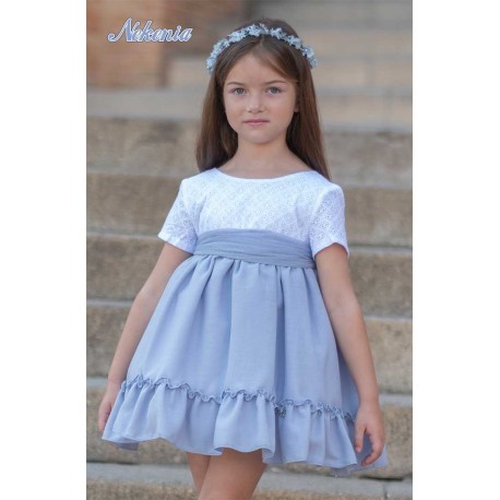 Nekenia Summer Girl Ceremony White and Blue Dress Linen