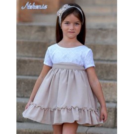 Nekenia Verano Vestido niña Ceremonia Lino Blanco y Tostado