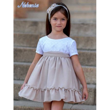Nekenia Verano Vestido niña Ceremonia Lino Blanco y Tostado