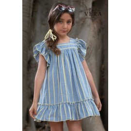 Vera Verano Vestido niña Rayas Denim y Amarillas
