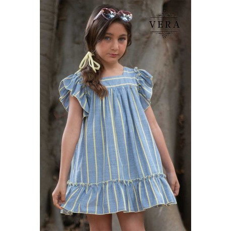Vera Verano Vestido niña Rayas Denim y Amarillas