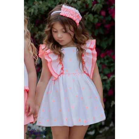 Miranda Verano Vestido niña Blanco Estrellitas Naranja Flúor