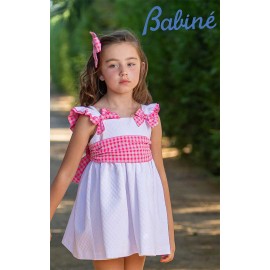 Babiné Verano Vestido niña Blanco Piqué Rosa Flúor