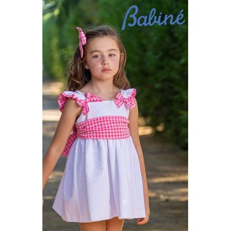 Babiné Verano Vestido niña Blanco Piqué Rosa Flúor