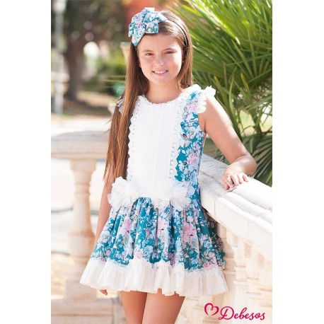 Debesos Verano Vestido niña Rosas Verde Esmeralda