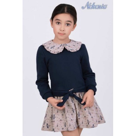 Nekenia Invierno Vestido niña Marino Falda Estampada