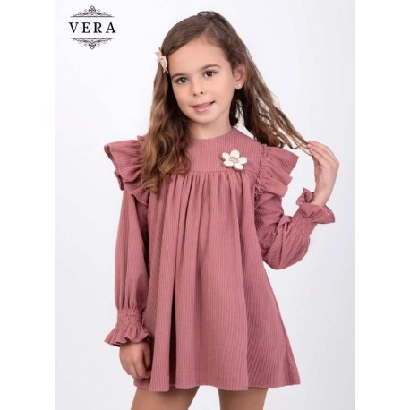 Vera Invierno Vestido niña Pana Rosa Volantes en Hombros