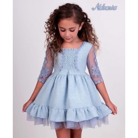 Nekenia Verano Vestido niña Ceremonia Azul Apliques Bordados
