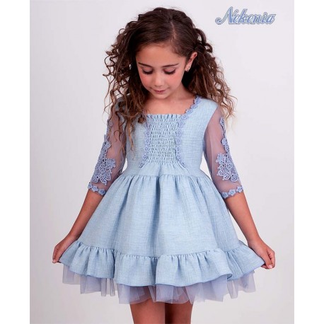 Nekenia Verano Vestido niña Ceremonia Azul Apliques Bordados