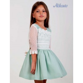 Nekenia Summer Girl Green Linen Ceremony Dress Embroidery in Chest