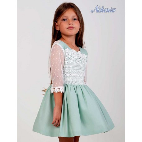Nekenia Verano Vestido niña Ceremonia Lino Verde Encaje Pecho