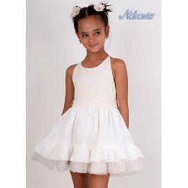 Nekenia Verano Vestido niña Ceremonia Blanco y Beige Bordado