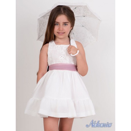 Nekenia Verano Vestido niña Ceremonia Blanco Fajín Rosa