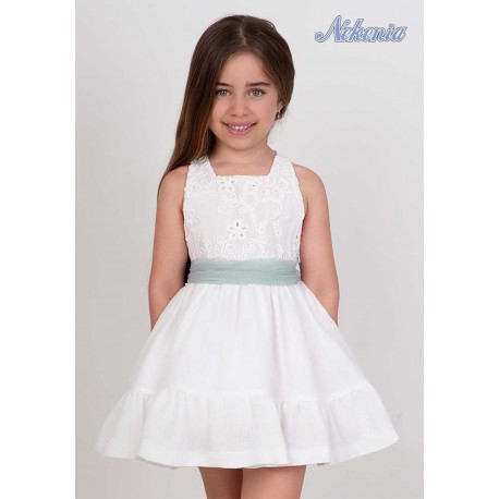 Nekenia Summer Girl White Ceremony Dress Green Tulle Sash