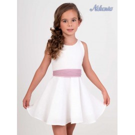 Nekenia Verano Vestido niña Ceremonia Blanco Fajín Rosa