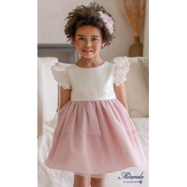 Miranda Verano Vestido niña Beige con Tul Rosa Empolvado