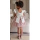 Miranda Verano Vestido niña Beige con Tul Rosa Empolvado