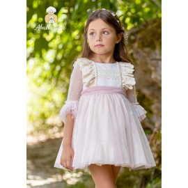 Abuela Tata Verano Vestido niña Ceremonia Rosa Volantes