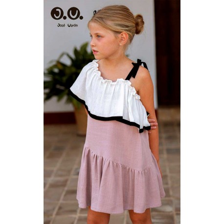 José Varón Verano Vestido niña Blanco y Malvarrosa