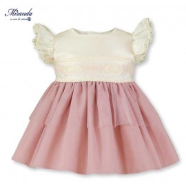 Miranda Verano Vestido bebé niña Beige con Tul Rosa Empolvado