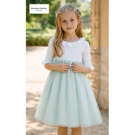 Cosiendo Sueños Verano niña Ceremonia Verde Anís Manga Francesa