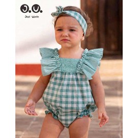 Jose Varon Summer Baby Girl Water Green Squared Overalls