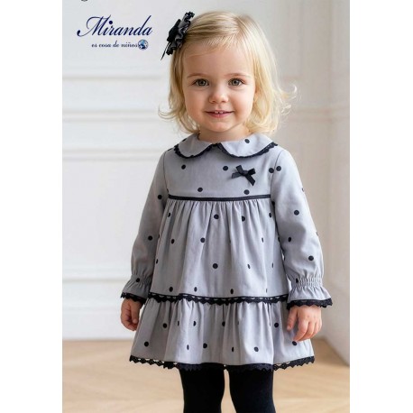Miranda Invierno Vestido bebé niña Gris Topos Negros