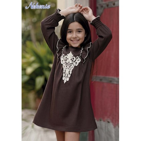 Nekenia Invierno Vestido niña Marrón con Aplicación