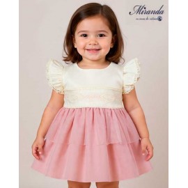 Miranda Verano Vestido bebé niña Beige con Tul Rosa Empolvado