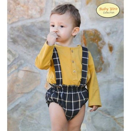BabyYiro Winter Baby Boy Set Ocher and Squares Suspenders